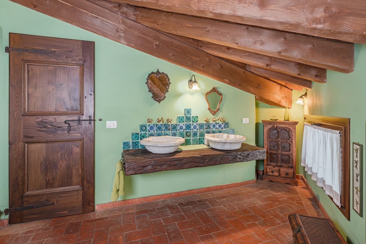 Bagno en suite con doppio lavabo in marmo