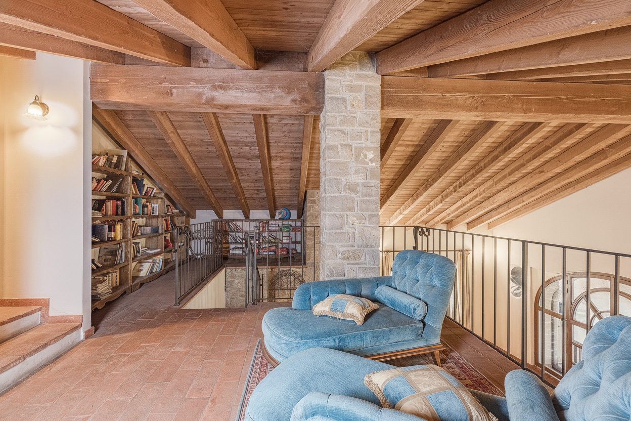 Soppalco con libreria in mansarda